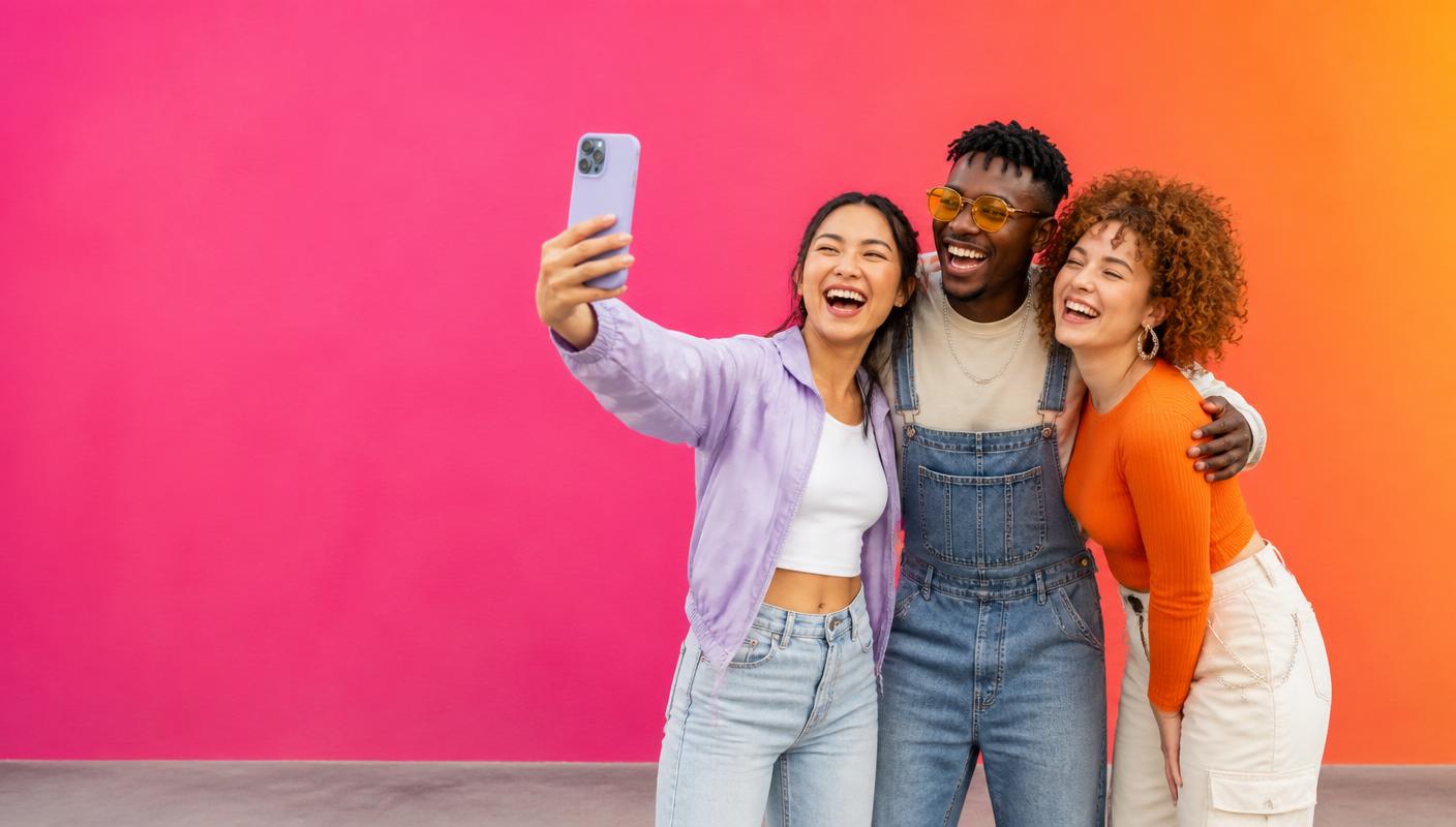 Three creators laughing while taking a selfie