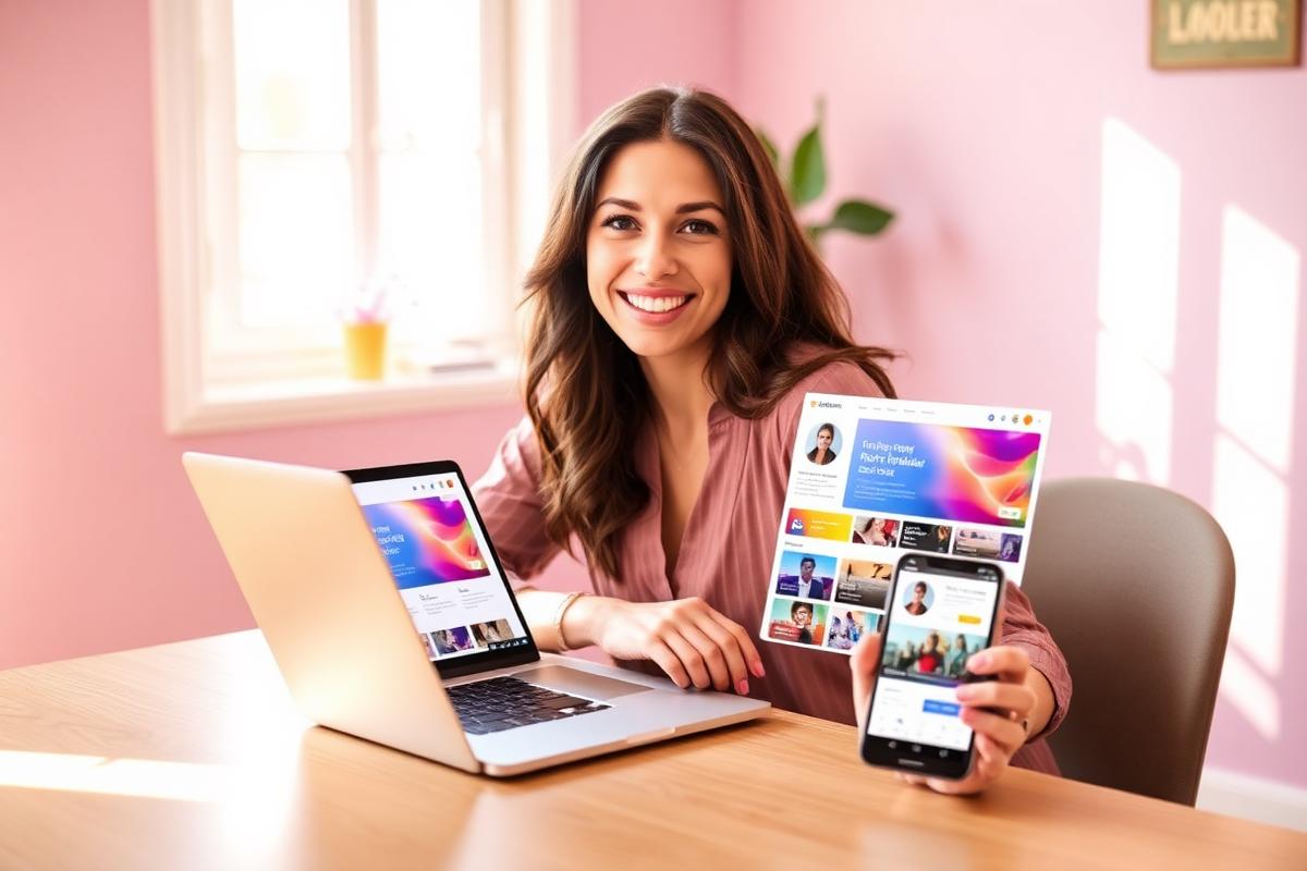 Creator editing her LaunchLinks page on a laptop with her phone beside her
