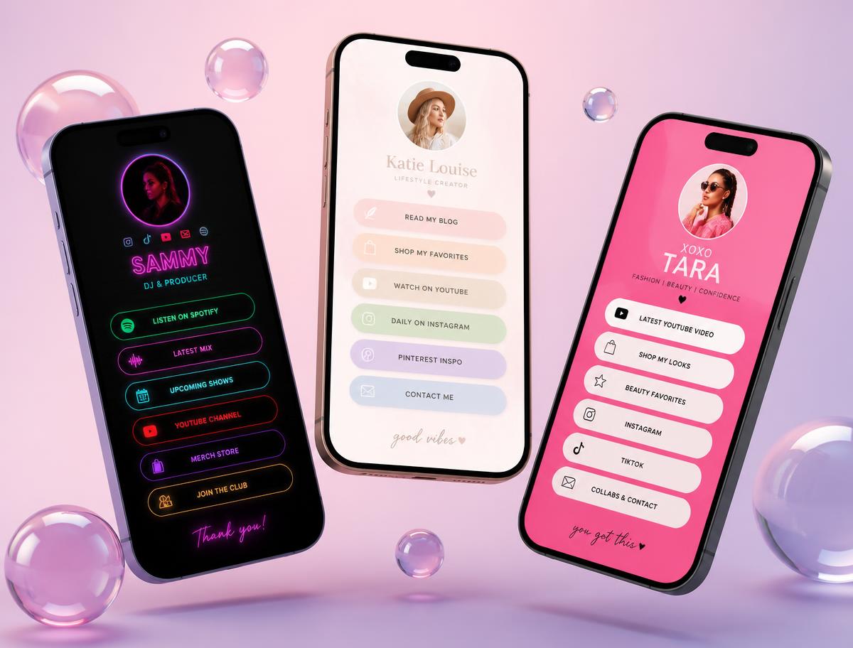 Three phones showing different LaunchLinks page themes